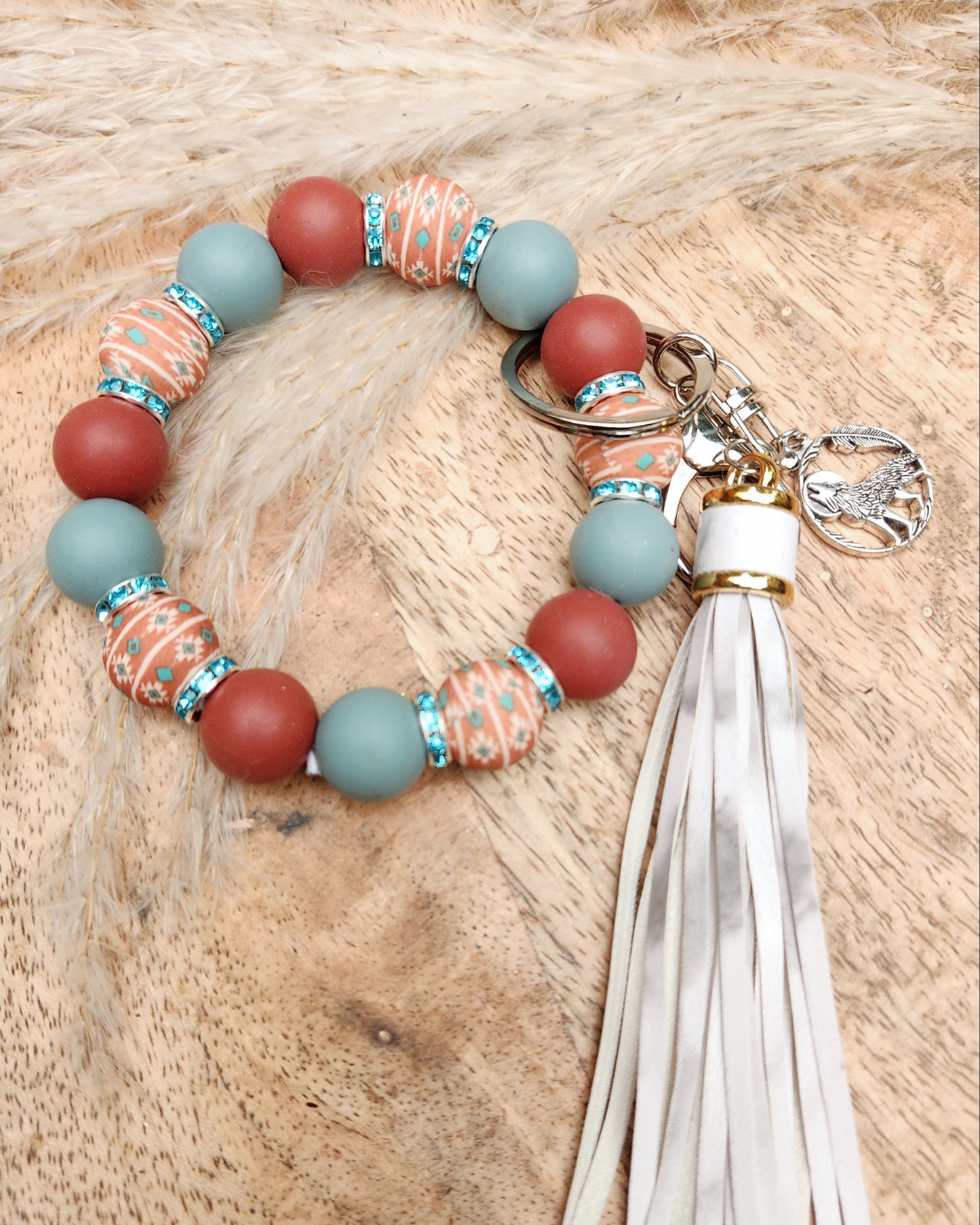 Beaded Wristlet Keychain - Rusty Red/Turquoise