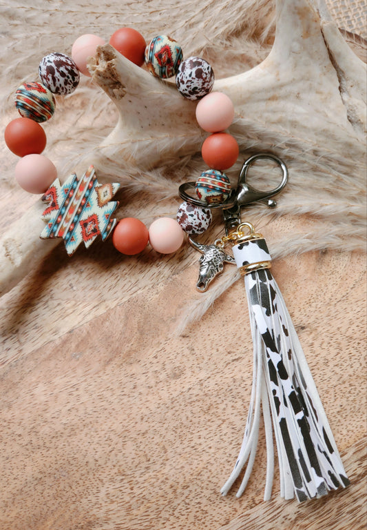 Beaded Wristlet Keychain - Rusty Red/Aztec/Brown Cow Print
