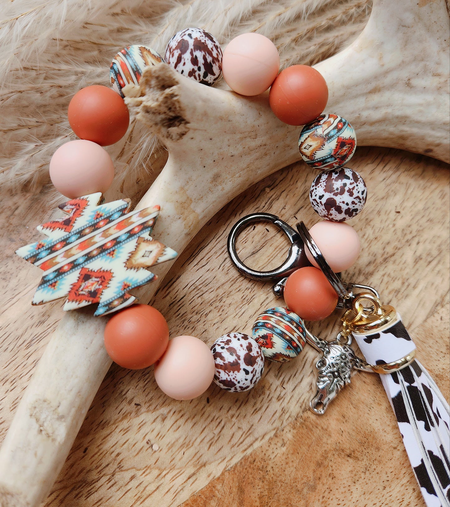 Beaded Wristlet Keychain - Rusty Red/Aztec/Brown Cow Print