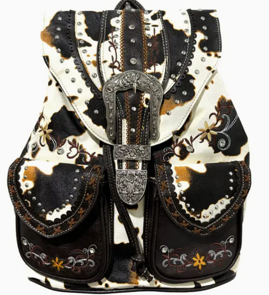 Cow Print Western Leather Buckle Backpack